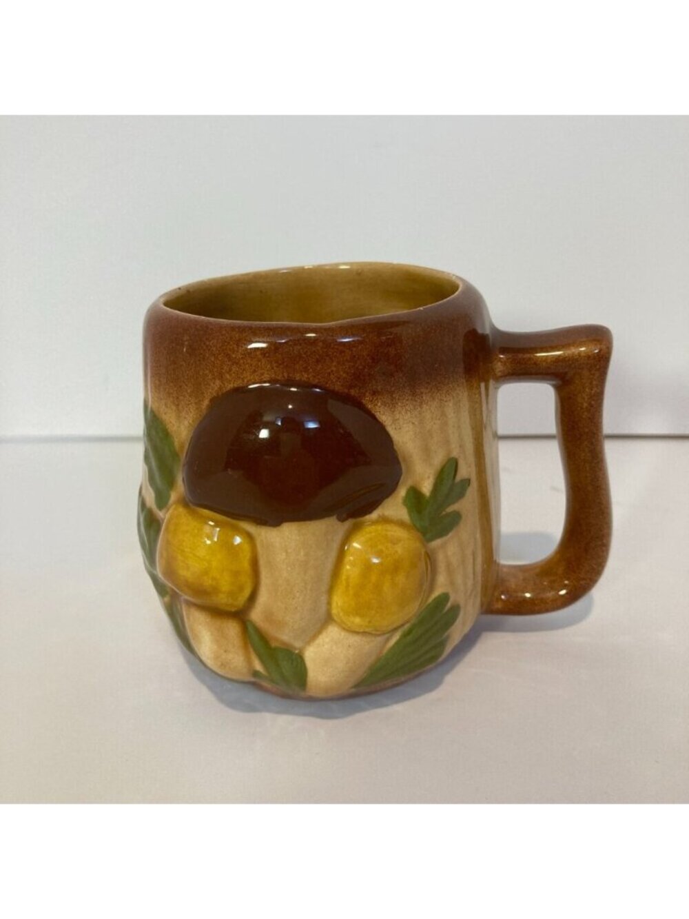 Vintage Arnel's Pottery Ceramic Mushrooms Coffee Mug Cup Signed 1980's Tan Brown